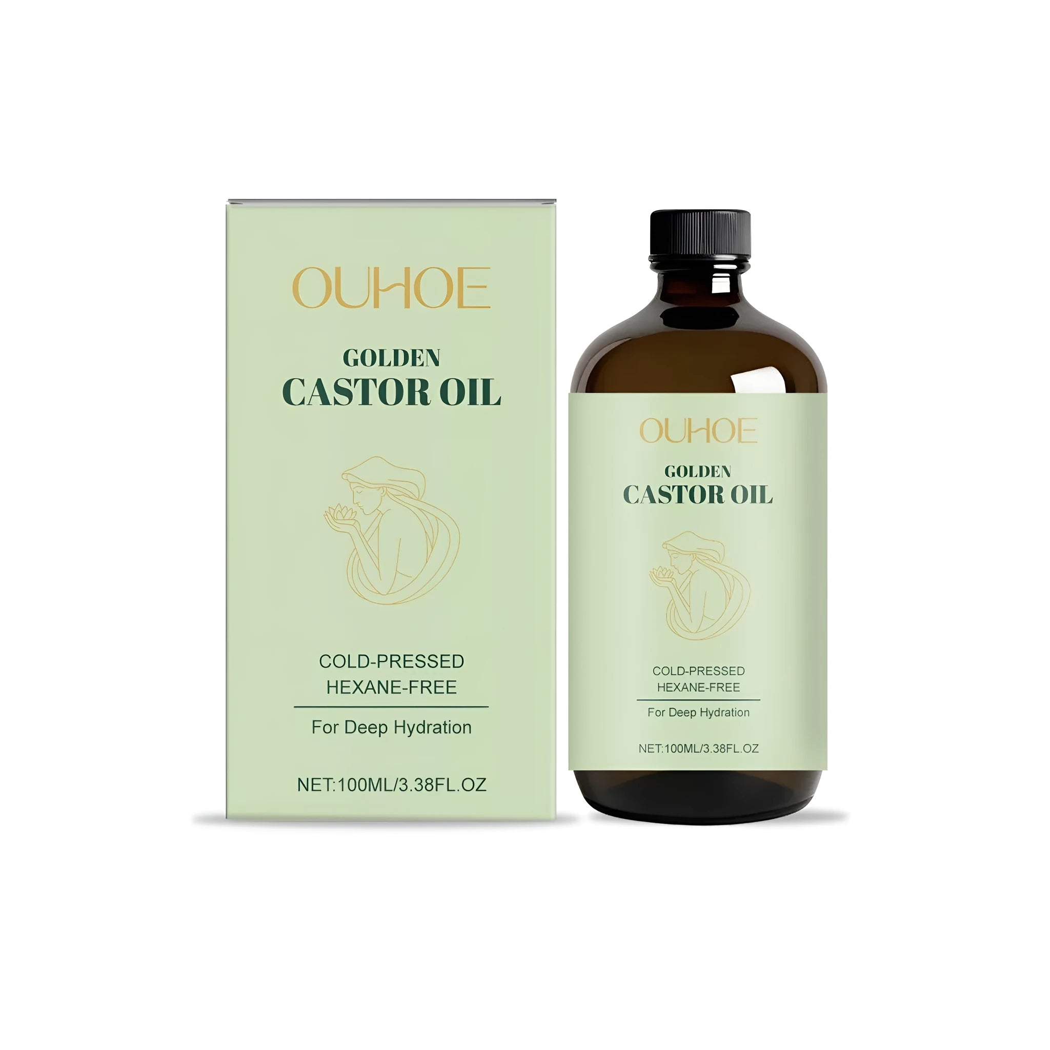 100ml bottle of golden-coloured castor oil skin care blend with dropper.