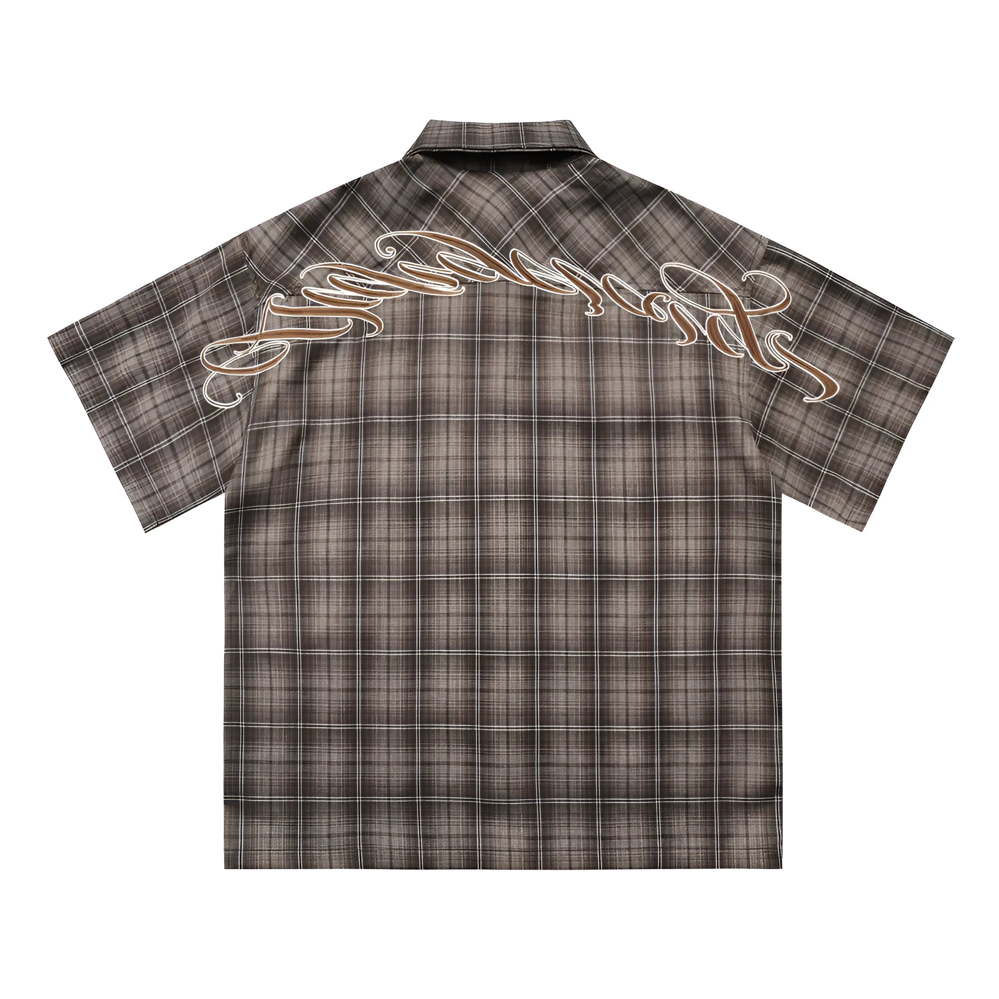 Men's black and brown plaid short sleeve shirt with embroidered letters and lapel collar