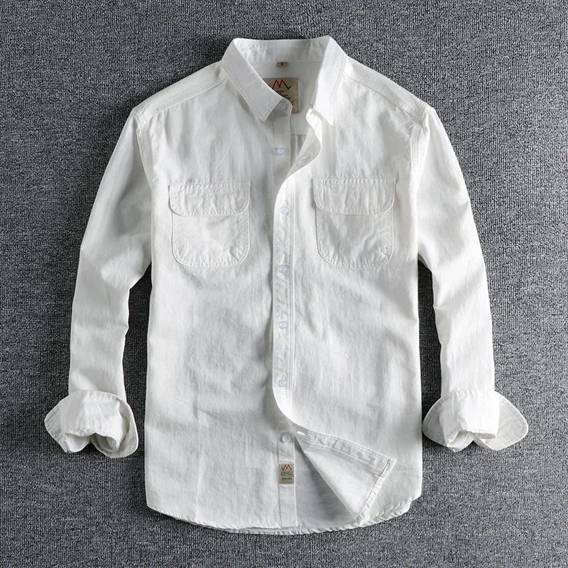 British retro style men's long sleeve cotton shirt in solid light blue colour with cardigan design