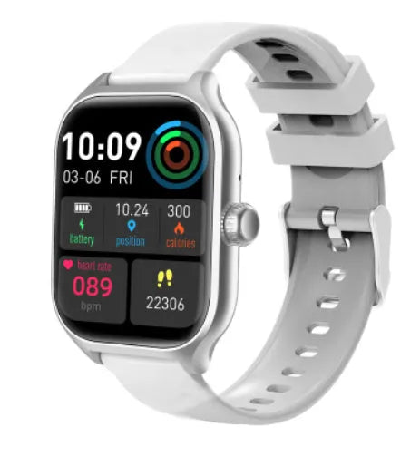 Bluetooth smart watch with black silicone strap displaying heart rate on its touch screen.