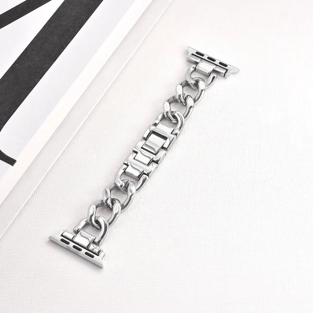 Denim chain link metal Apple Watch replacement strap in silver, black, gold, rose gold, and Starlight colours.