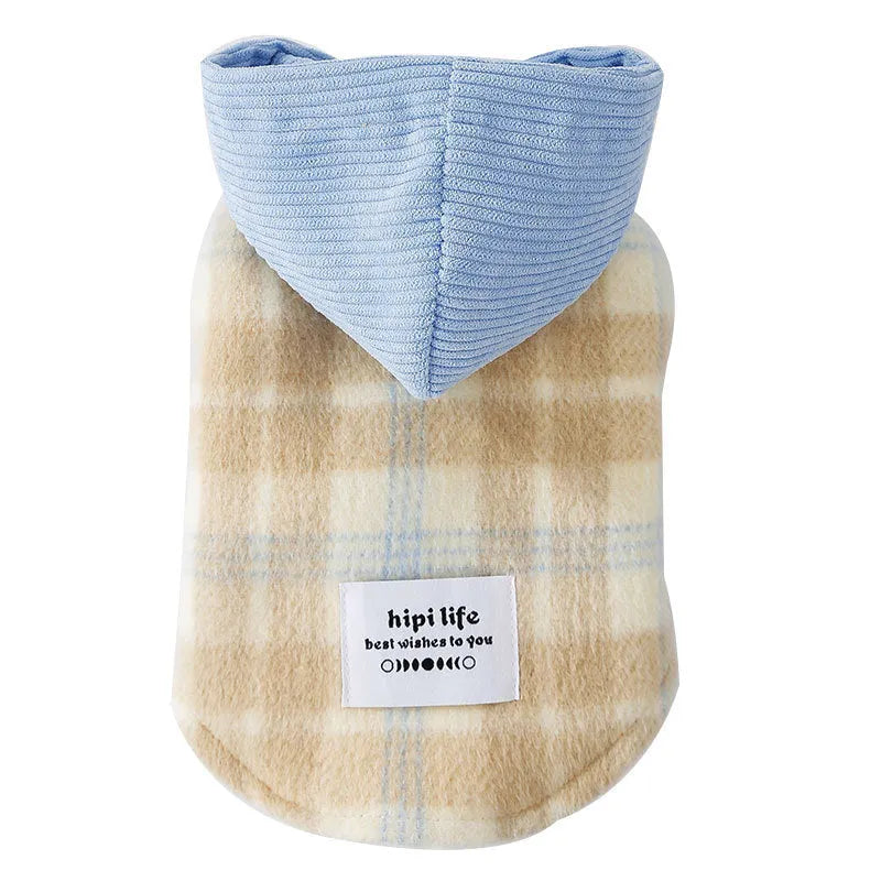 Blue chessboard grid corduroy hooded vest for small dog with traction hood design
