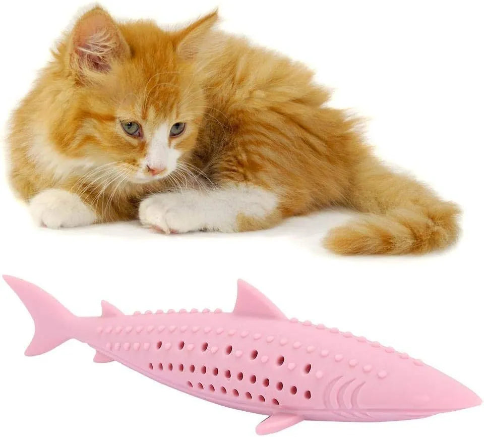 Green silicone fish-shaped chew toy for cats on a white background, showing side breathable holes.