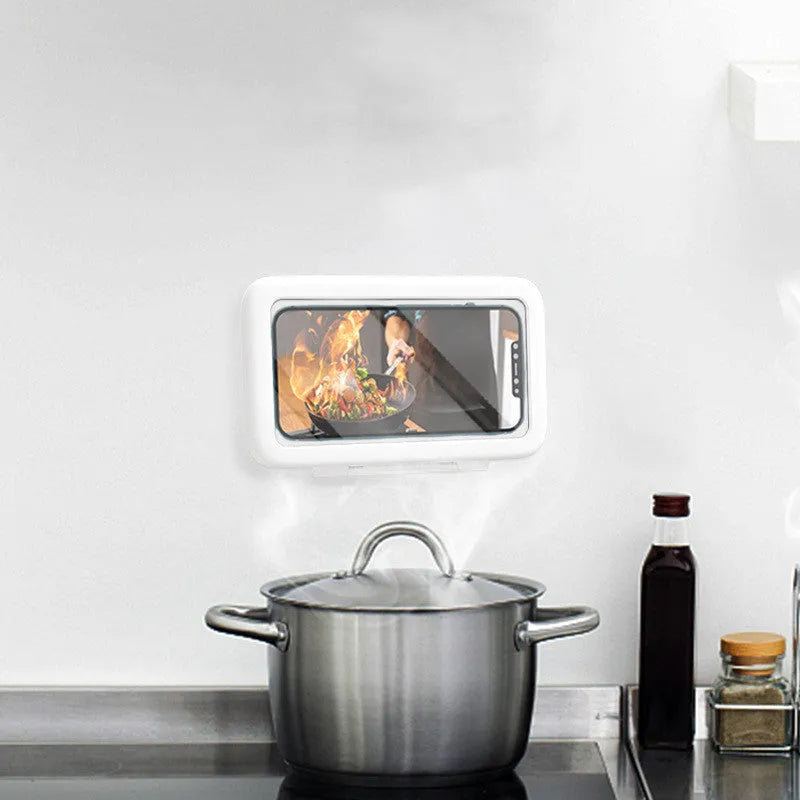 Waterproof shower phone holder with touch screen on bathroom tile, showing phone inside with anti-fog window