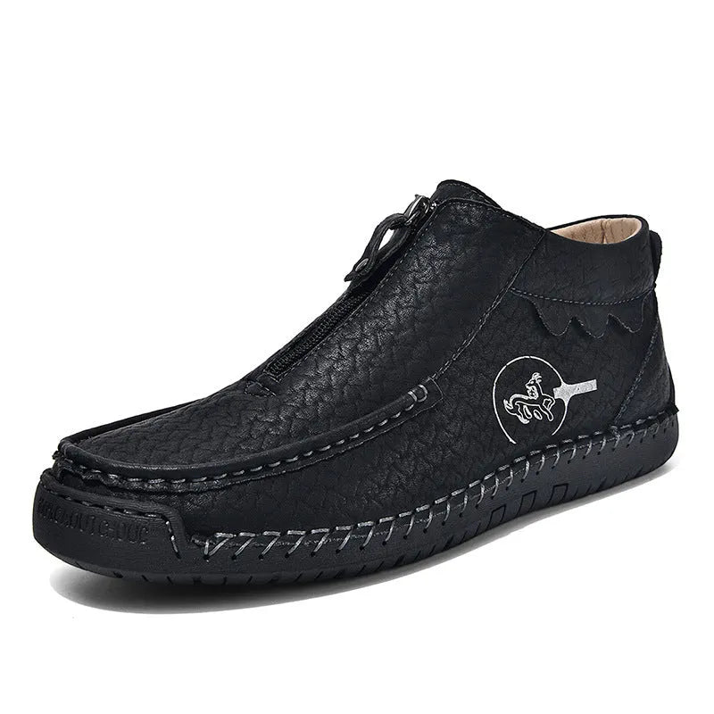 Men's slip-on leather loafers in black, brown, and grey colours showing round toe and rubber sole