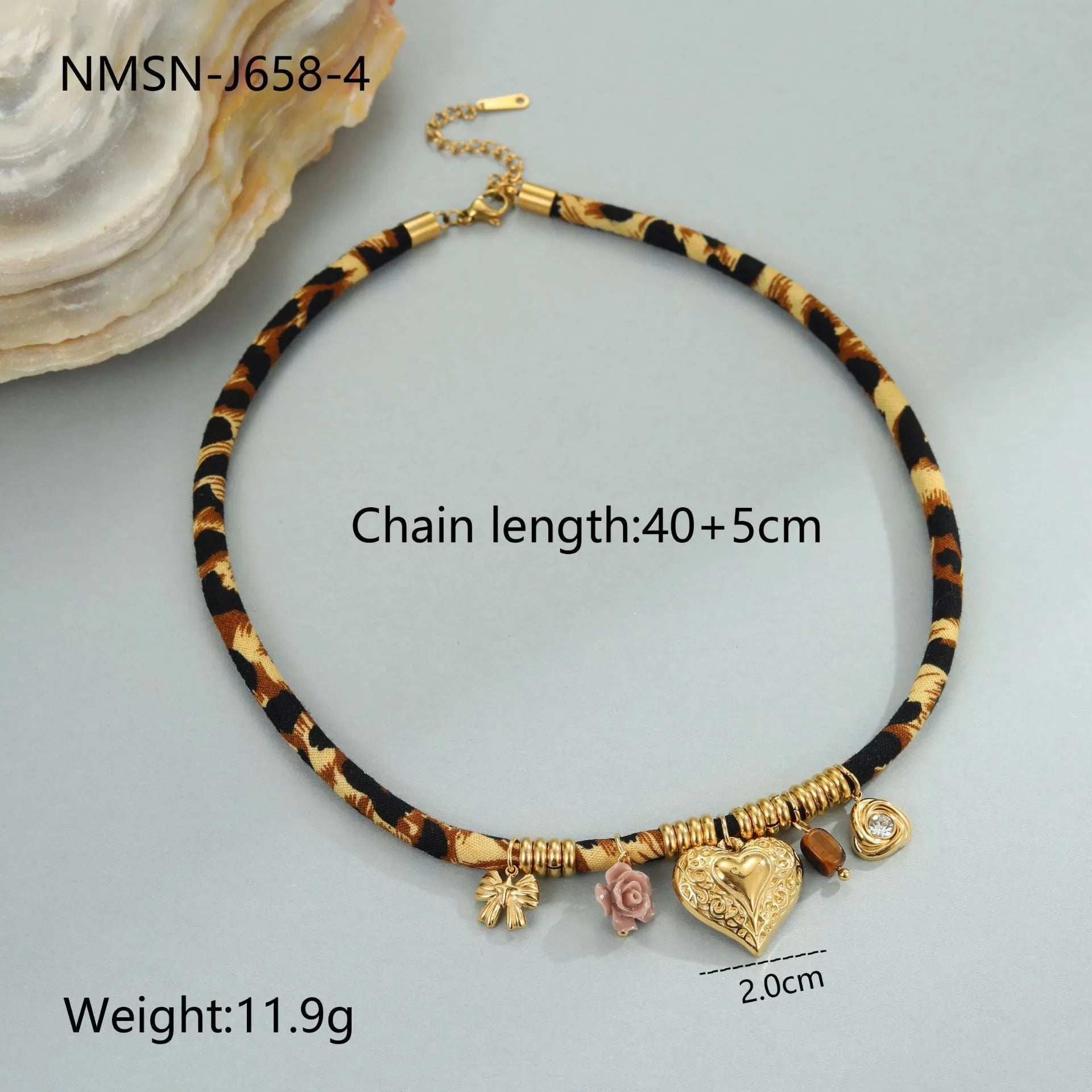 Geometric leopard pendant necklace with gold electroplated finish on adjustable stainless steel chain