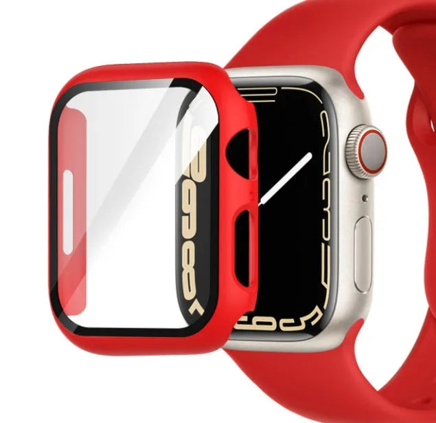 PC tempered film watch case in multiple colours including transparent, leopard print, and carbon fibre patterns for Apple Watch.