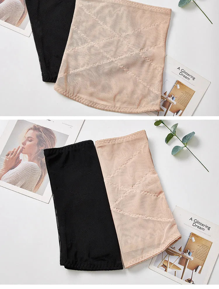 Black mesh belly band with cross waistband design for body sculpting and postpartum support.