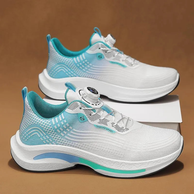 Men's white and blue mesh sneakers with a rotating buckle closure and rubber sole.
