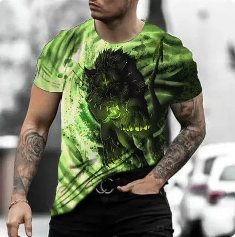 Men's retro 3D animal print short-sleeve t-shirt on a hanger, showing bird eye cloth fabric.
