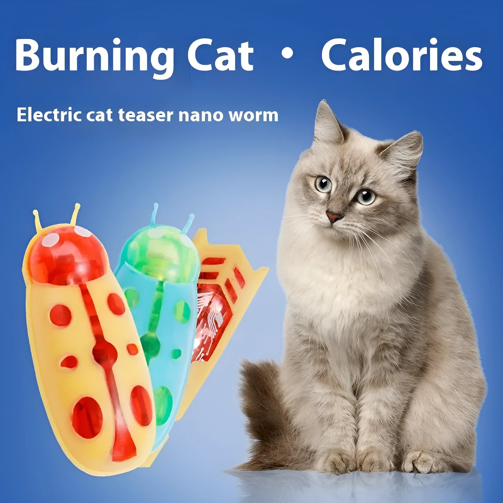 Electric toothbrush cat toy with colourful jumping worm attachment on a plastic base.