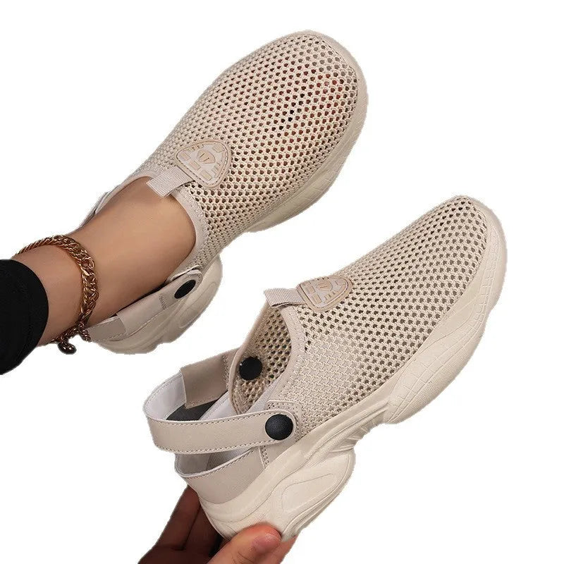 Women's Flyknit sports sandals in beige colour showing round toe holder and breathable upper construction