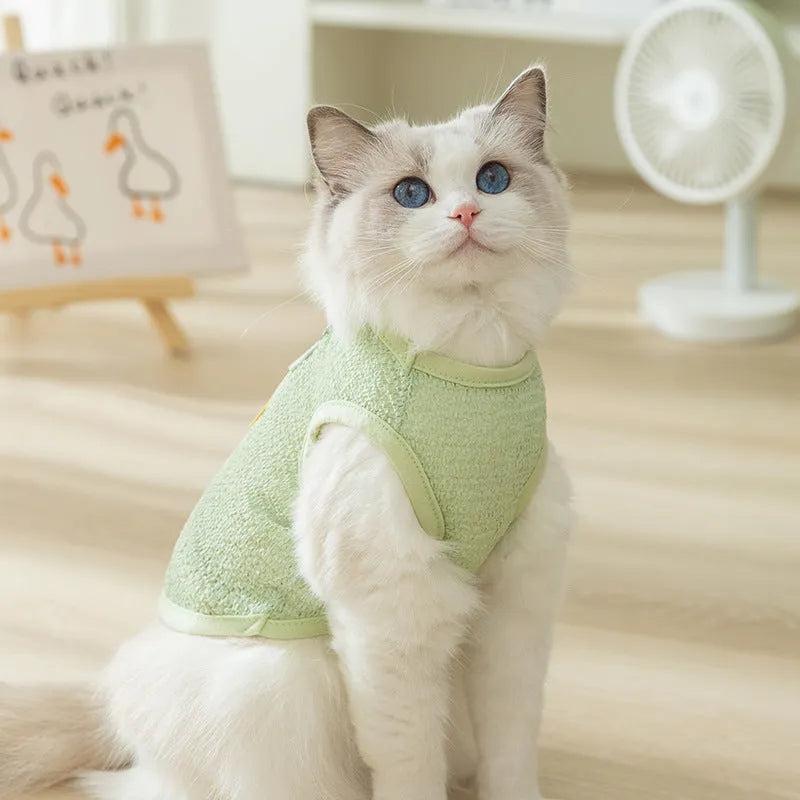 Green knitted cat clothing with a bear patch, showing hollowed-out breathable knit fabric.