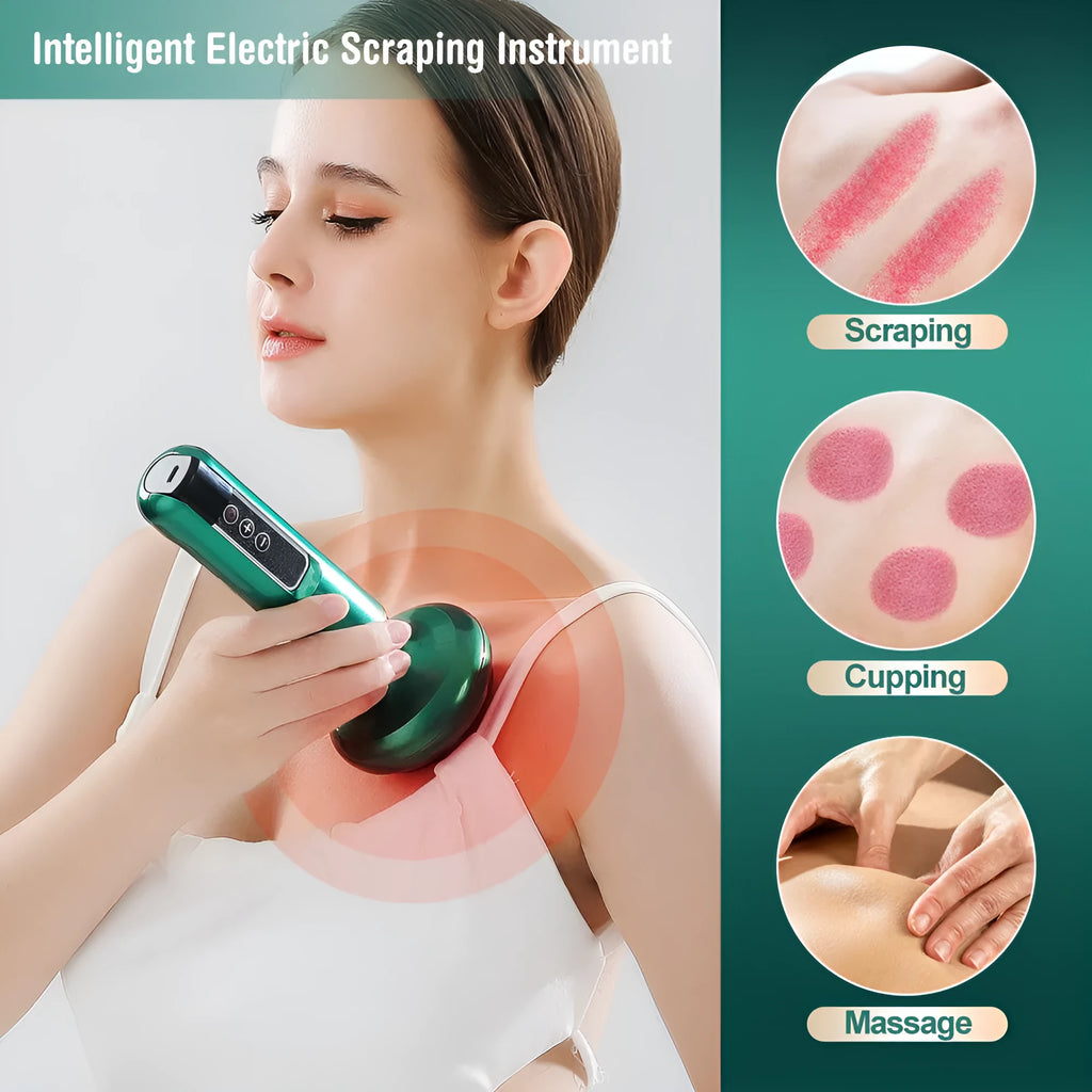 Green electric vacuum cupping massager device with suction cups and USB charger.