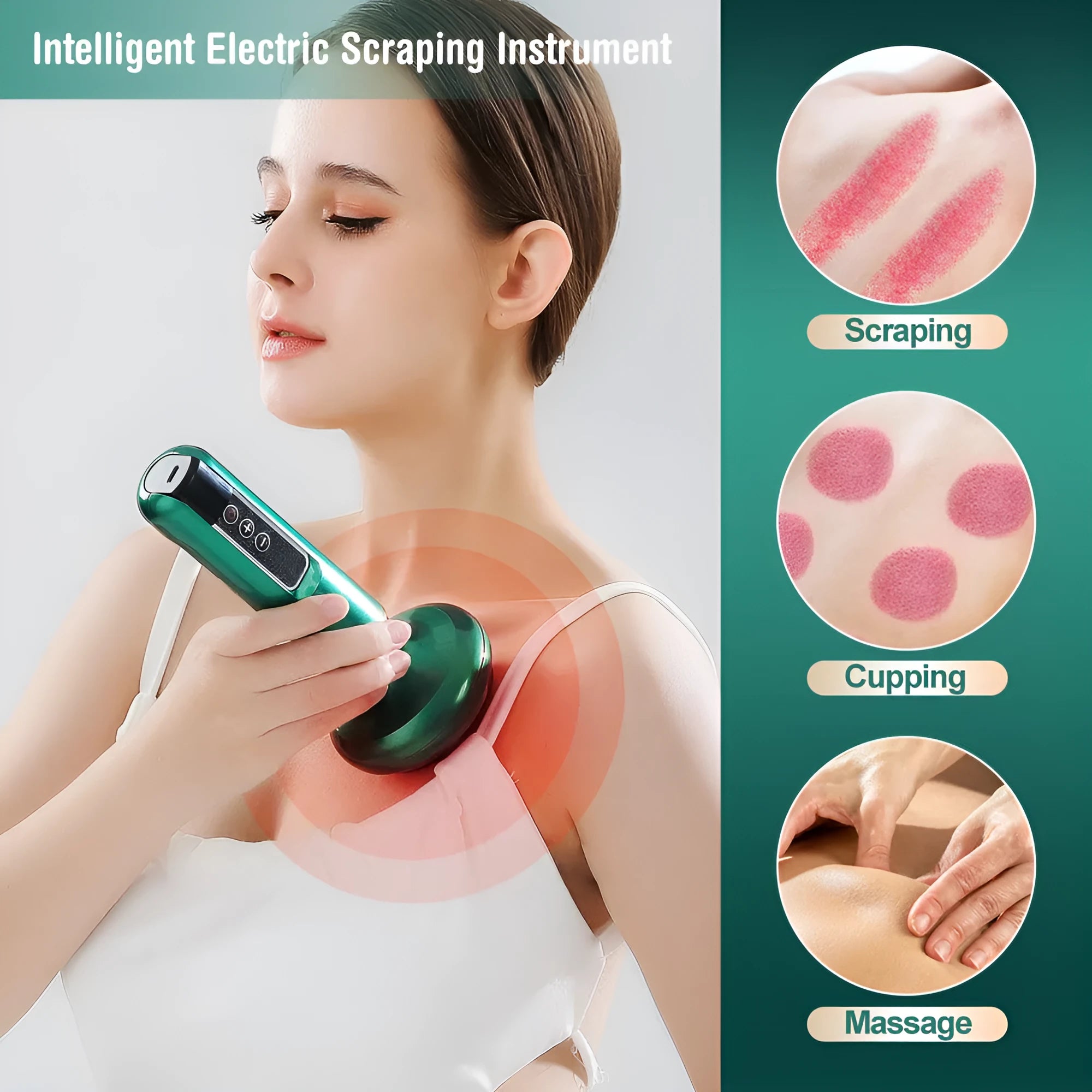 Green electric vacuum cupping massager device with suction cups and USB charger.