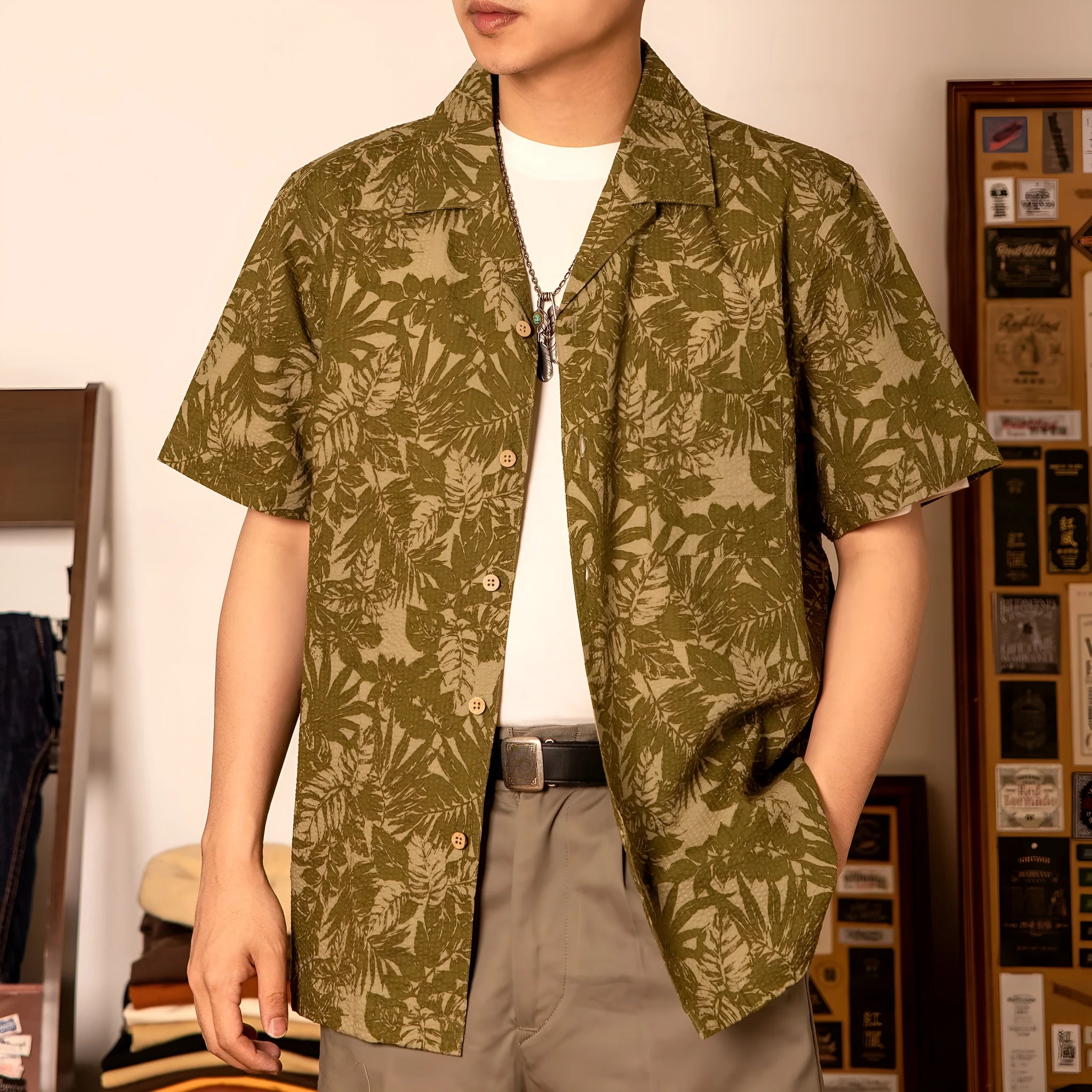 Vintage floral print seersucker Cuban collar shirt in T184 green colour option showing loose fit design
