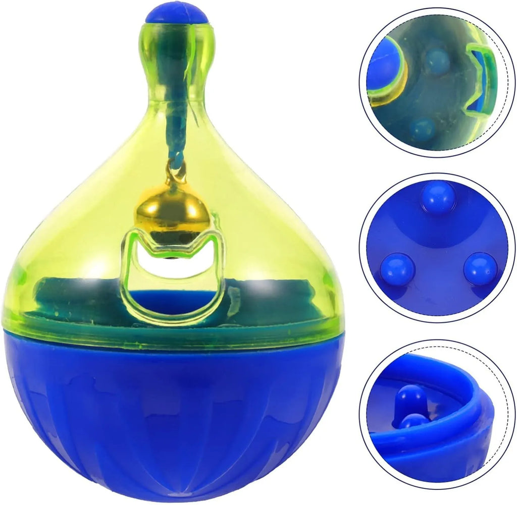 Tumbler-shaped pet treat dispenser ball for dogs and cats with dimensions 14x10x10cm