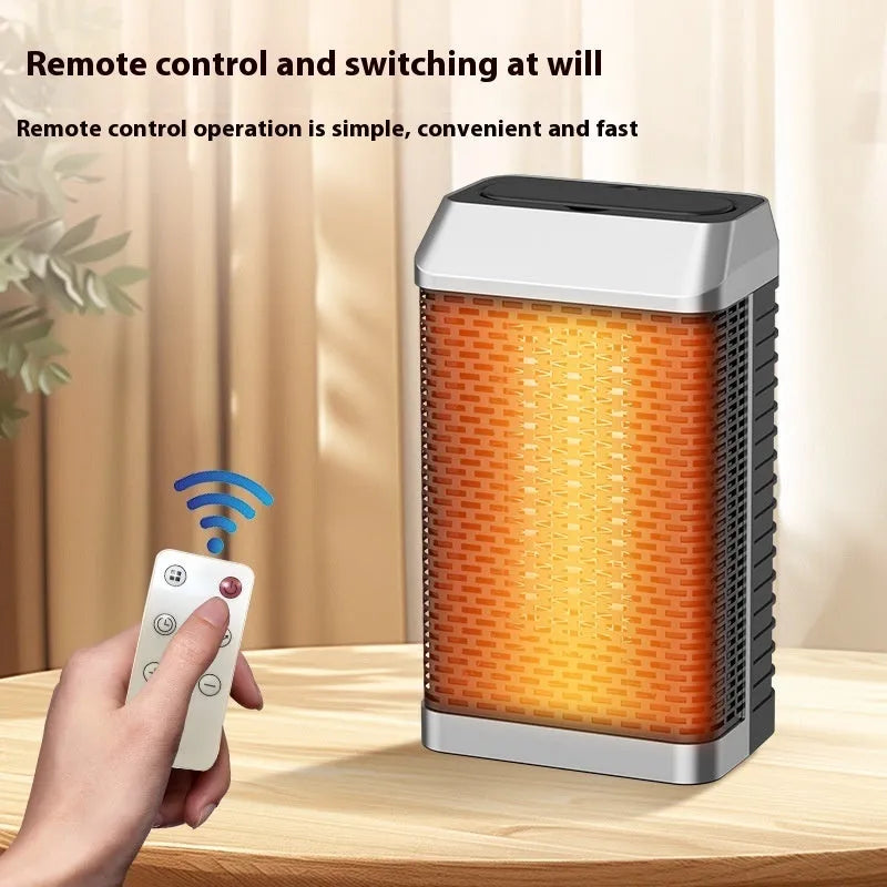 Black remote control desktop heater with compact design showing control knobs and air vents