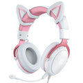 White wired gaming headset with pink cat ears, 3.5mm plug, and braided cable