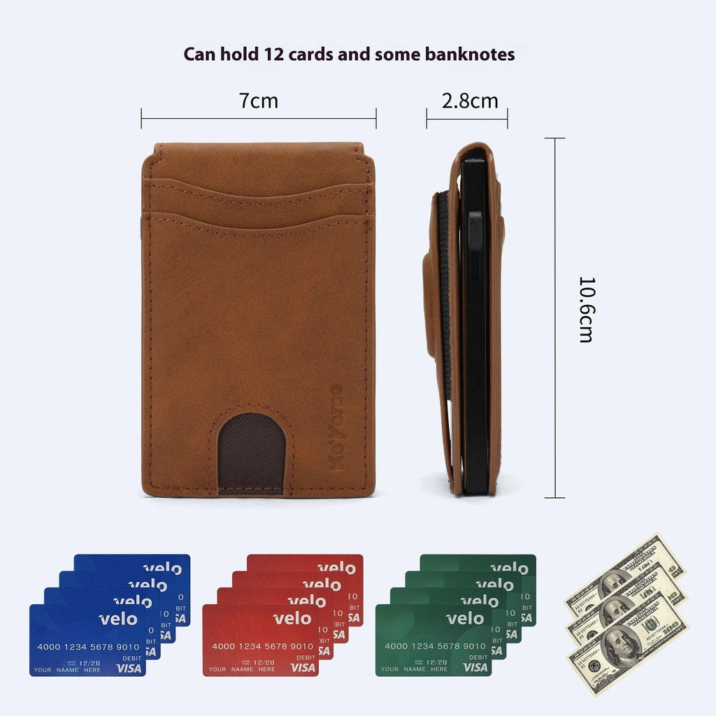 Men's slim RFID blocking card holder wallet in microfiber synthetic leather, shown in black, dark brown, and light brown.