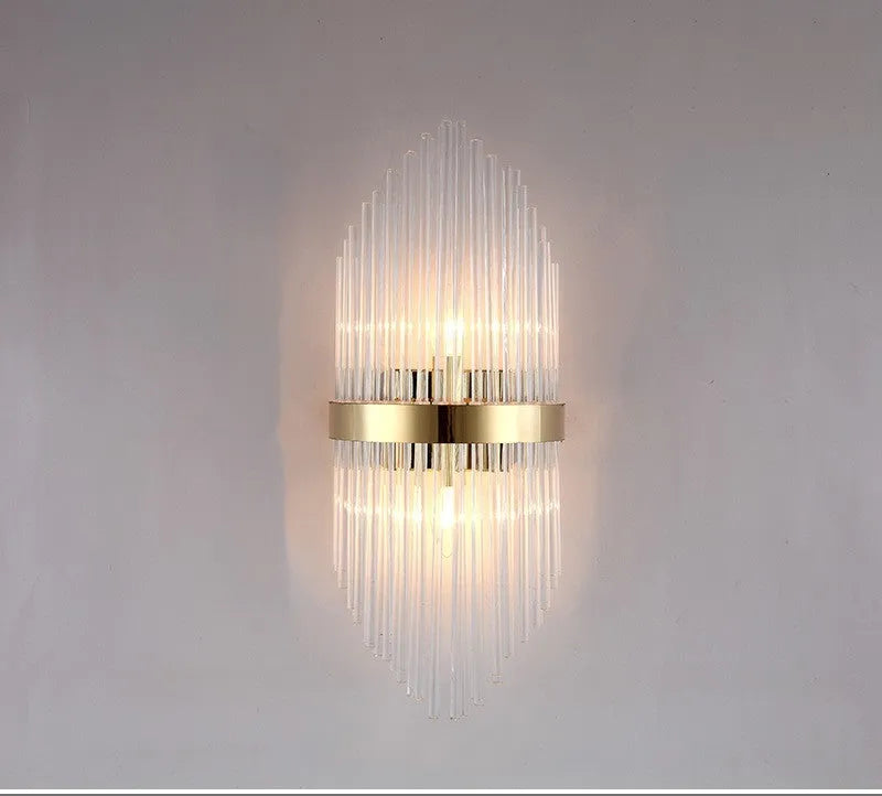 Modern petal-shaped crystal wall lamp with titanium finish in living room setting