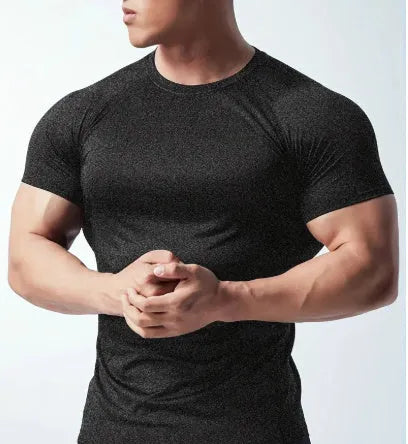 Men's stretch quick-dry short sleeve t-shirt in black, grey, green, or pink colours