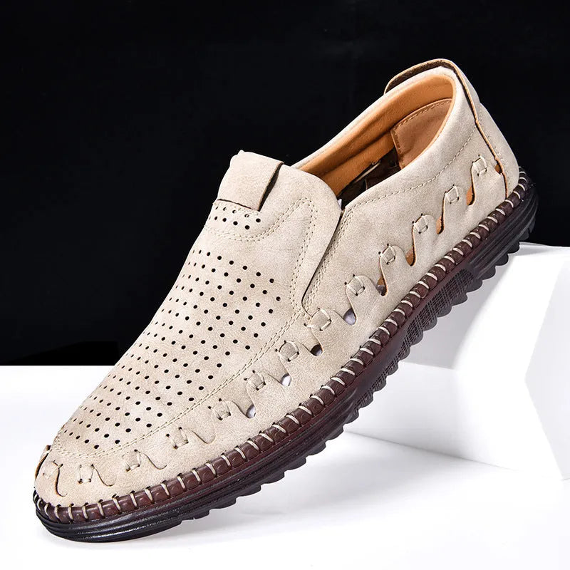 Men's brown slip-on leather casual shoes with round toe and flat PVC sole