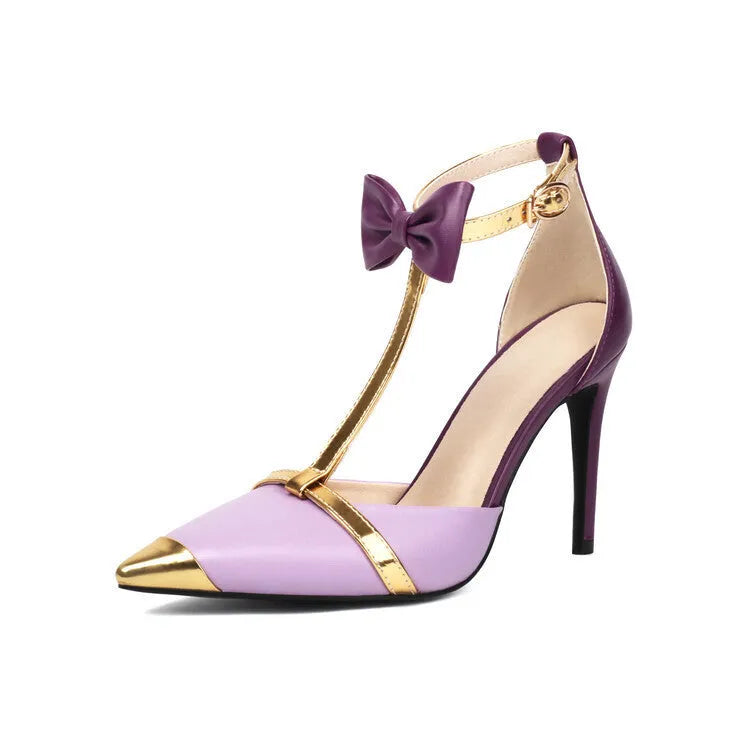 Plus size women's purple and white closed toe high heel sandals with ankle buckle.