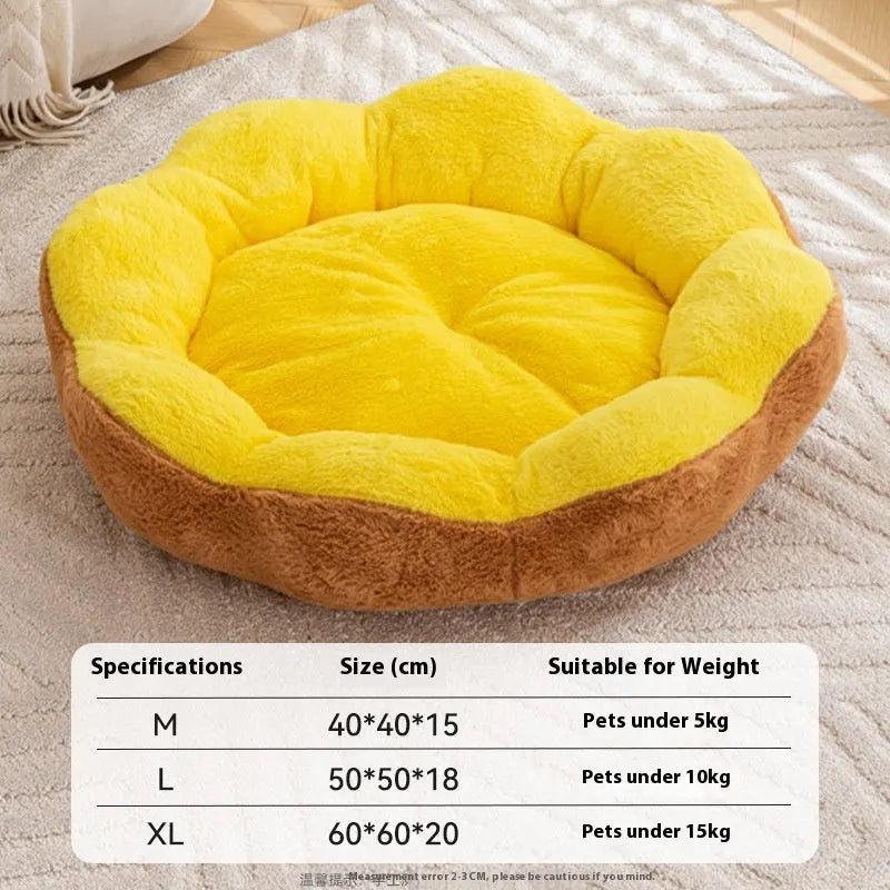 Round rabbit plush cat bed with detachable design in yellow brown colour, shown in L size dimensions