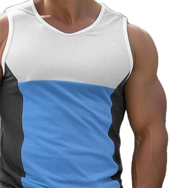 Men's cotton blend sports vest in blue colour with contrast panels for running and fitness