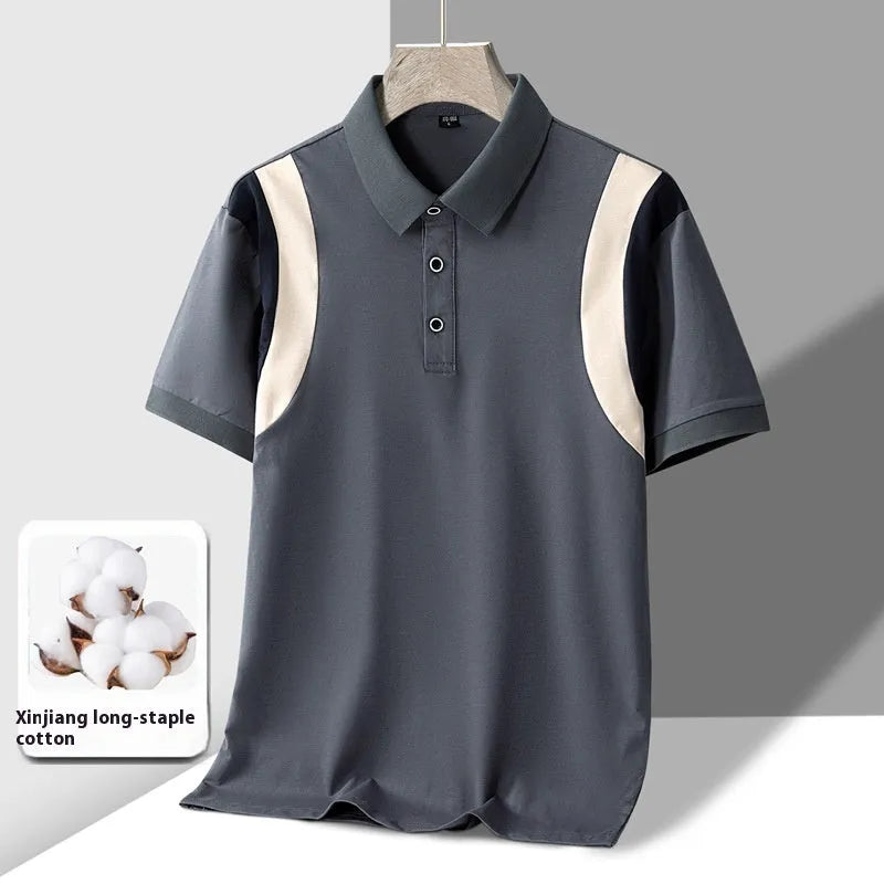 Men's striped cotton T-shirt with a lapel collar and short sleeves in a loose fit.