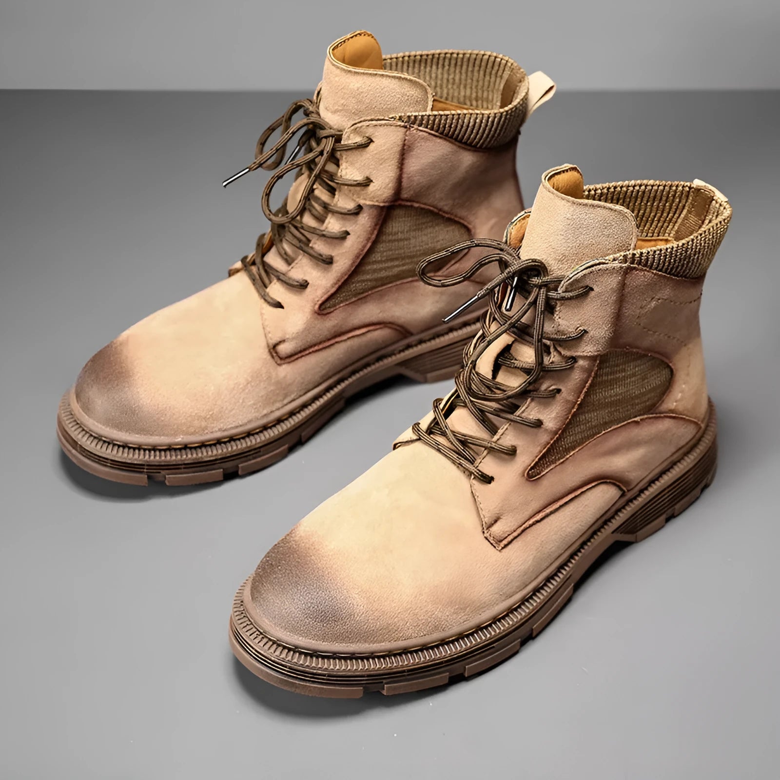 Men's vintage Martin boots in black, grey or sand colour with round toe and low thick heel