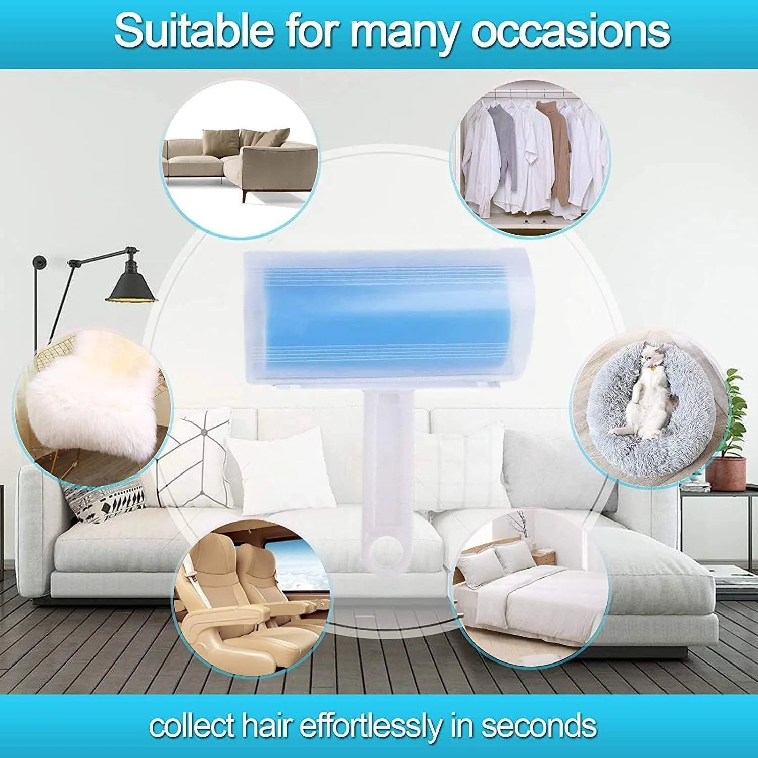 Reusable lint roller with cover in blue, green, pink, and yellow colours for removing pet hair from clothes and sofas