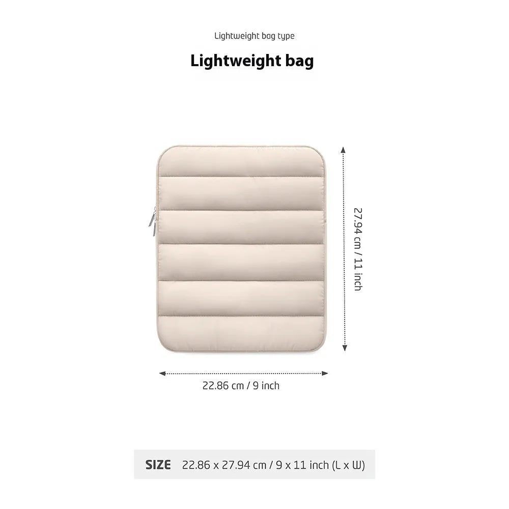 Puff Bag fluffy laptop sleeve for 9.7-11 inch devices in black, khaki, or silver.