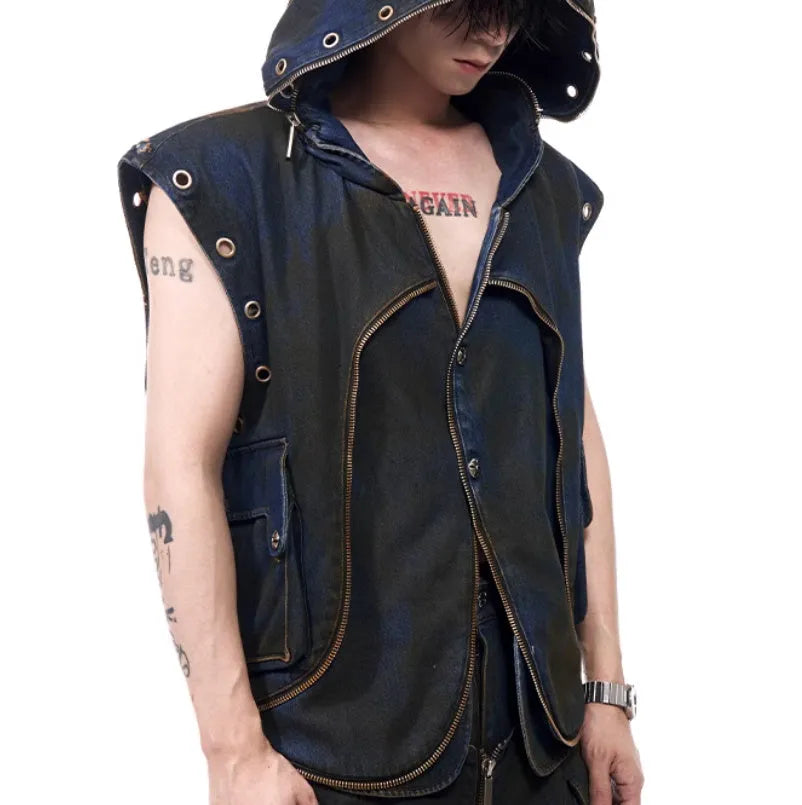 Blue Korean style hooded denim vest coat with matching trousers, front zip closure.
