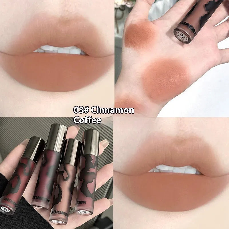 Lava Secret Matte Lip Mud Lipstick in shades orange brown coffee, cool grey, cinnamon coffee, jujube red, and smoked purple.