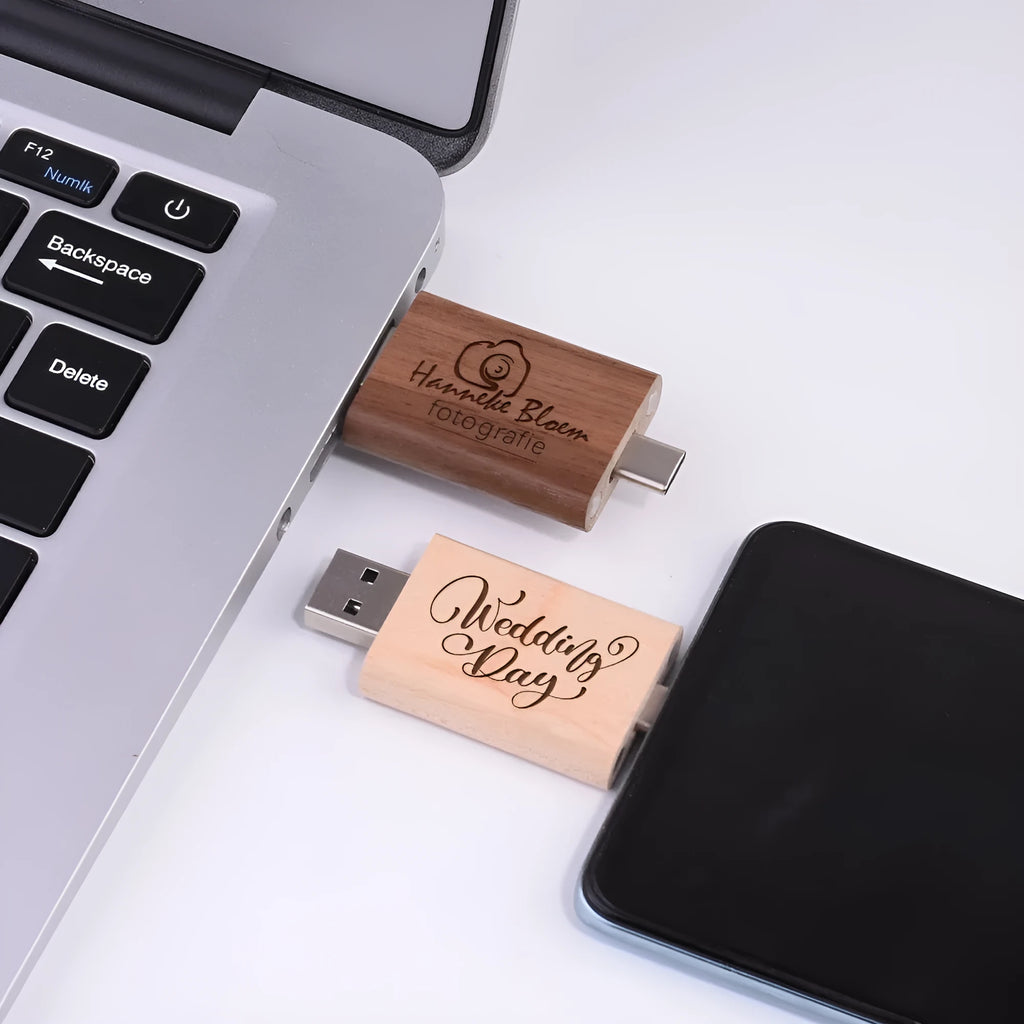 Carved wooden box-shaped USB flash drive with TYPE-C phone connector on display