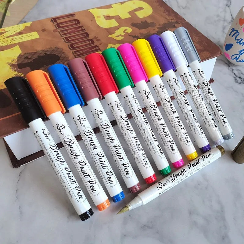 Set of soft tip gouache pens for acrylic painting on paper surfaces