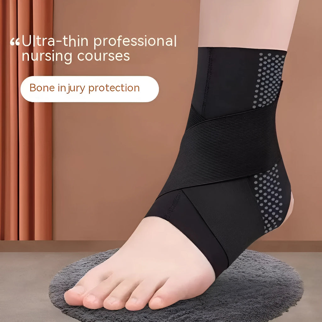 Fixed rehabilitation ankle support made of black Lycra cloth, shown on an adult ankle.