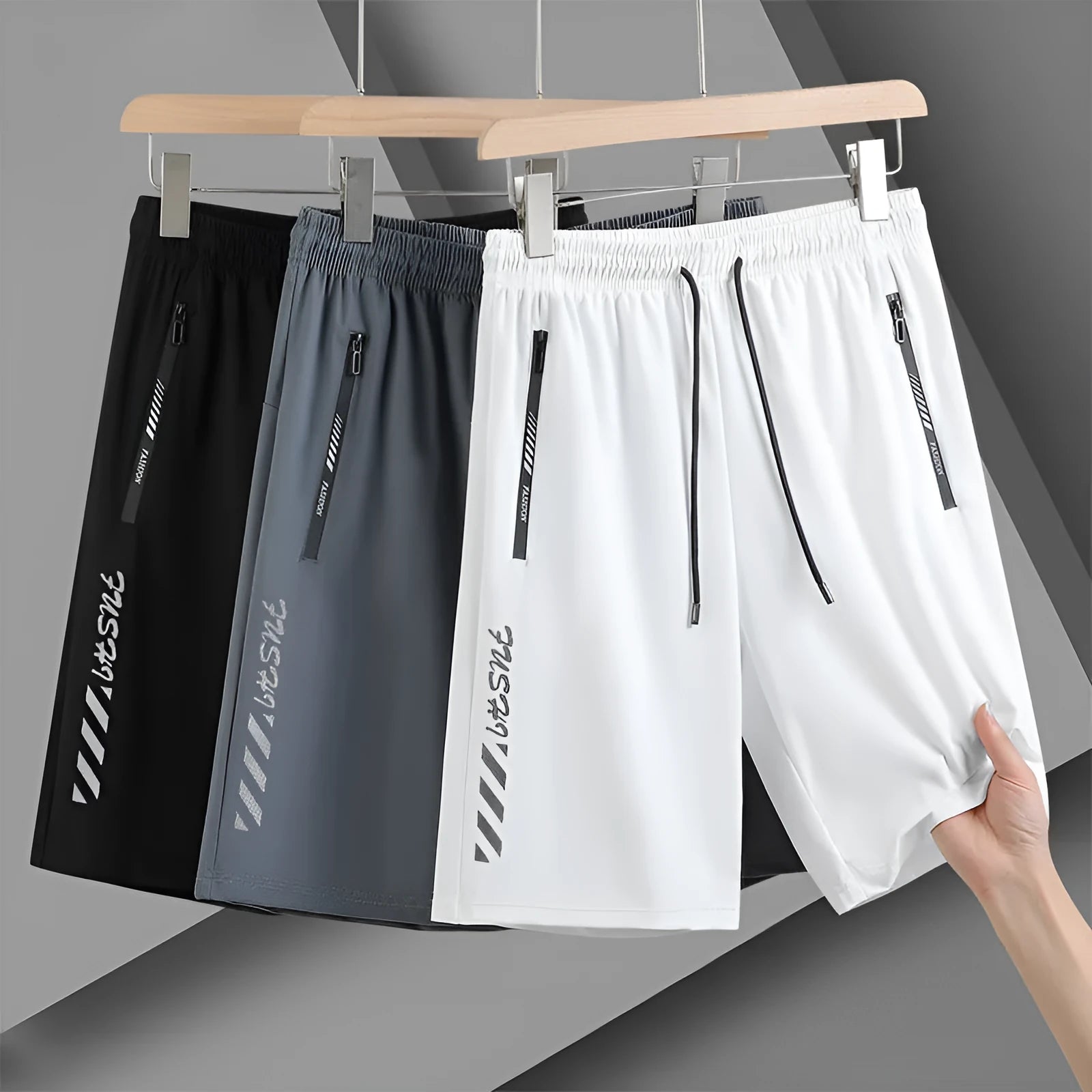 Men's black quick-dry loose fit sports shorts with elastic waistband on size chart