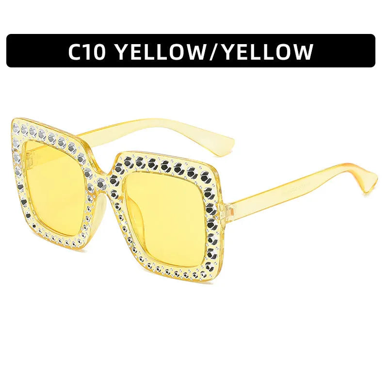 Large square frame sunglasses with rhinestone details on a PC frame in multiple colour options
