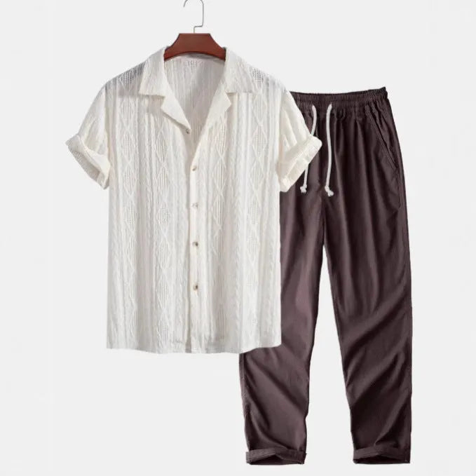 Slim-fit linen cardigan suit set with digital camouflage pattern including short-sleeve shirt and trousers