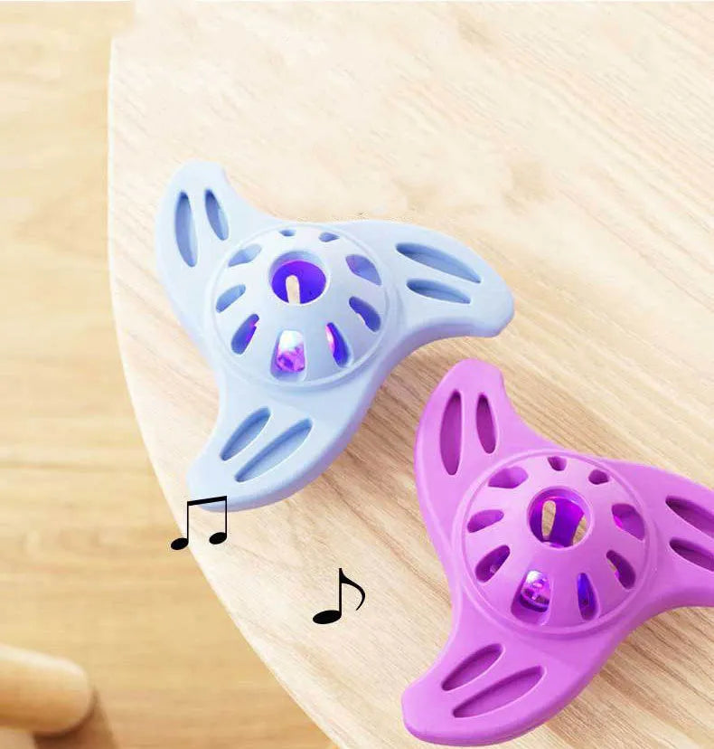Blue boomerang-shaped dog chew toy with textured edges for dental stimulation