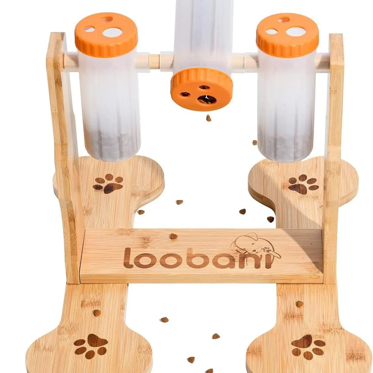 Natural wood colour dog puzzle toy and snack dispenser measuring 31 by 30 by 20 centimetres.