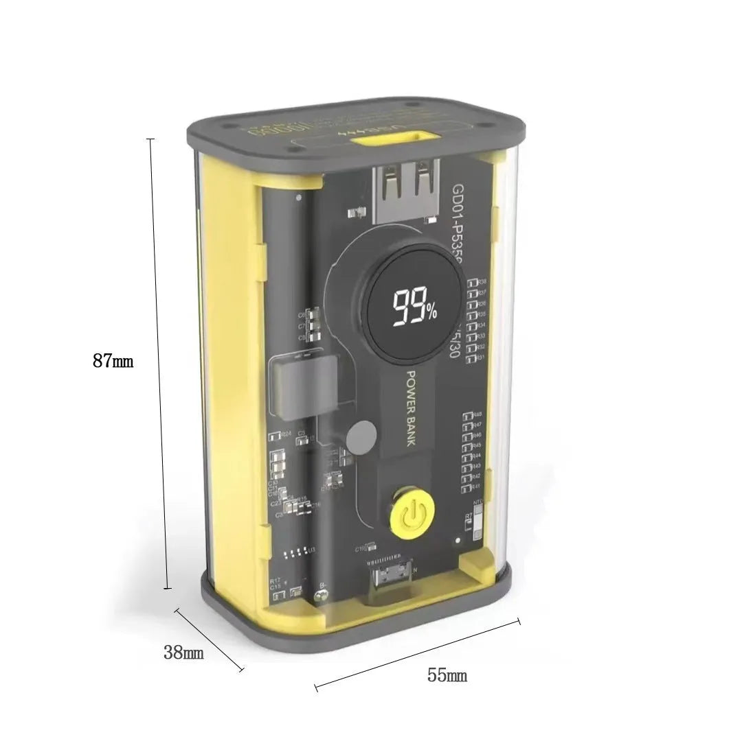 Transparent industrial power bank with aluminium case showing internal 18650 battery cells