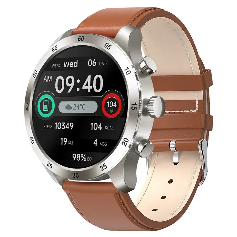Black smart watch with touch screen display on a steel link bracelet, showing call interface.