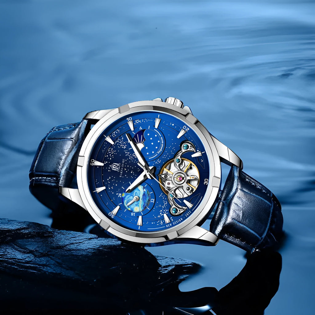 Men's automatic mechanical watch with blue dial and stainless steel case, 14mm thickness