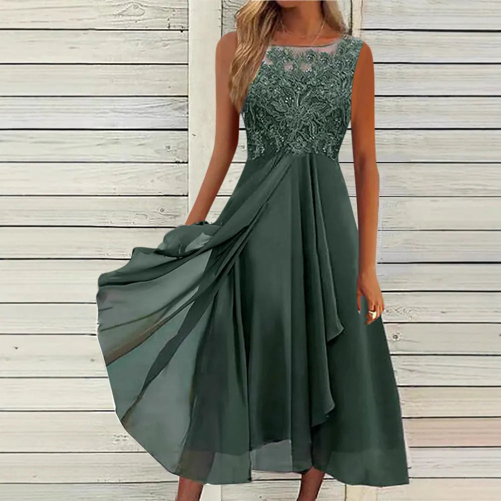 Women's sleeveless chiffon dress with lace hollow-out detailing in green, purple or blue colours