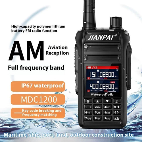 Black aviation radio headset with full band capability, waterproof and dustproof construction