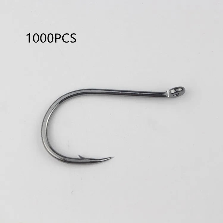 Bulk pack of alloy carbon steel barbed fishing hooks with crooked mouth and hole ring for rock and sea fishing.